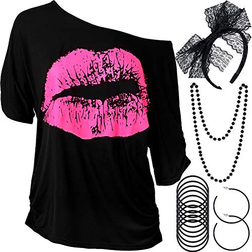 Blulu Damen 80 Jahre Kostüm Zubehör Set, Lippen Drucken T-Shirt Spitze Stirnband Ohrring Halsketten Armband für 80 Jahre Thema Party(Schwarz,L) von Blulu