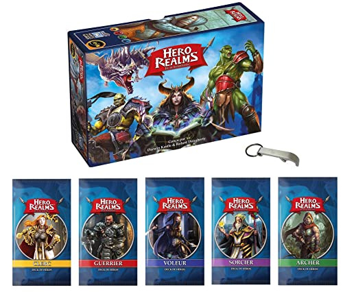 Hero Realms Set Das Basisspiel + 5 Heldendecks: Zauberer, Krieger, Bogenschütze, Dieb, Klerc Französische Version + 1 Flaschenöffner Blumie (Base + 5 Heros) von Blumie Shop