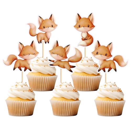 25 Stück Fuchs Cupcake Toppers Alles Gute zum Geburtstag Kuchen Dekor Wilder Dschungel Tier Thema Geburtstag Party Zubehör Feiern Party Events Baby Shower von Blumomon
