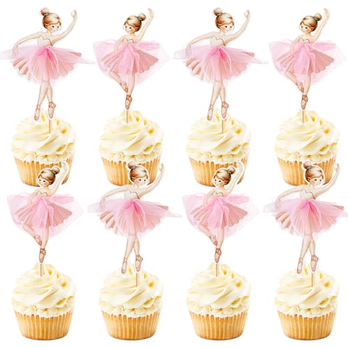 Ballerina-Cupcake-Topper, rosa Ballettmädchen, Cupcake-Topper, Ballett, Cupcake-Dekoration, Picks für Ballerina-Thema, Babyparty, Geburtstagsparty, Kuchendekoration, Zubehör, 24 Stück von Blumomon