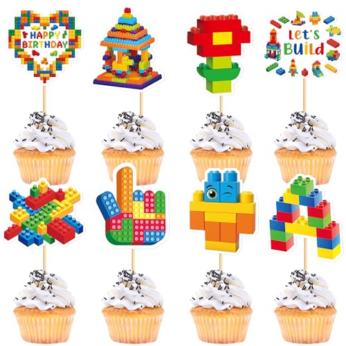 Blumomon 24 Stück Bausteine, Party-Cupcake-Topper, für Jungen, Mädchen, Geburtstagskuchendekorationen für Kinder, Babyparty, Partyzubehör von Blumomon