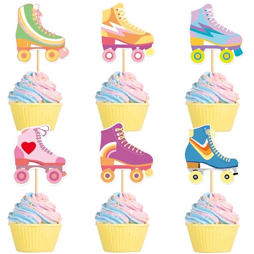 Blumomon 24 Stück Doppelseitiges Rollschuhlaufen Cupcake Toppers - Thema Bachelorette Geburtstag Party Kuchen Dekorationen Zubehör von Blumomon