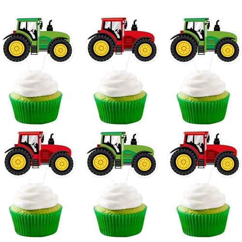 Blumomon 24 Stück Dual Front Traktor Cupcake Toppers für den Jungen Geburtstag - Bauernhof Party Deko - Kuchen Dekorationen - Dekoration für Familienfeiern von Blumomon