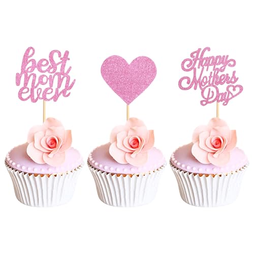 Blumomon 24 Stück Glitzer Happy Mothers Day Cupcake Topper Beste Mama Kuchendeko Mutter Cupcake Topper für Muttertag Party Kuchendeko von Blumomon