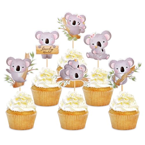 Blumomon 24 Stück Koala-Cupcake-Topper, Happy Birthday-Kuchendekoration für Kinder, wilder Koala-Tier-Thema, Geburtstagsparty-Zubehör, Feiern, Partys, Events, Babyparty, Kuchendekoration von Blumomon