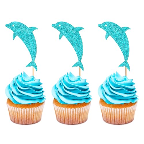 Blumomon 24 Stück Ocean Glitter Delphin Cupcake Toppers Baby Shower Dekorationen Boy Geburtstagstorte Supplies von Blumomon
