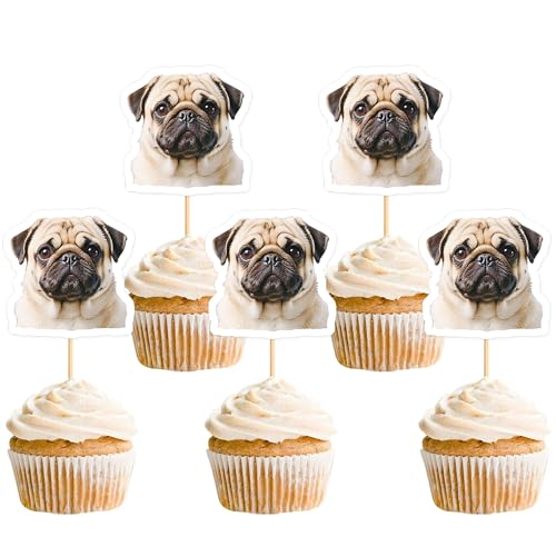 Blumomon 24 Stück Pug Cupcake Topper Hund Geburtstags Kuchen Deckel Hund Themen Party Dekorationen von Blumomon