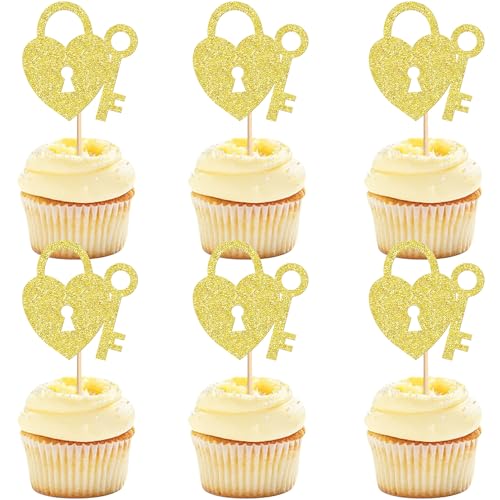 Blumomon 24 Stück Schlüssel Cupcake Topper Deko für Hauswarming Party, Neue Wohnung, Hochzeit, Junggesellinnenabschied & Geburtstag (Gold) von Blumomon