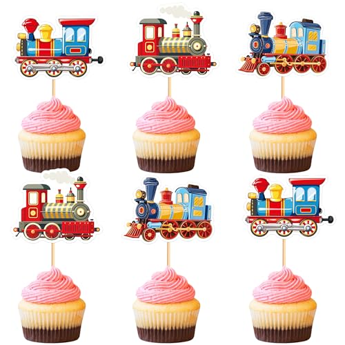 Blumomon 24 Stück Zug Cupcake Toppers Geburtstag des Jungen Cupcake Toppers Dekoration Zug Kuchen Dekorationen Train Dekoration von Blumomon