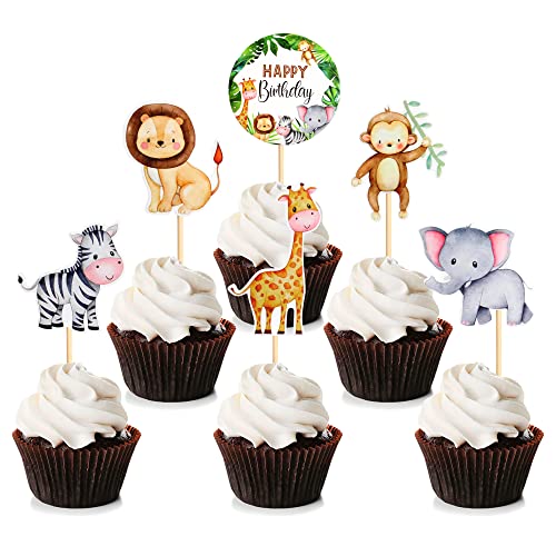 Blumomon 24 x Dschungel-Safari-Tier-Cupcake-Topper "Happy Birthday" für Kinder, wildes Dschungel-Tier-Thema, Partyzubehör, Feiern, Events, Babyparty von Blumomon
