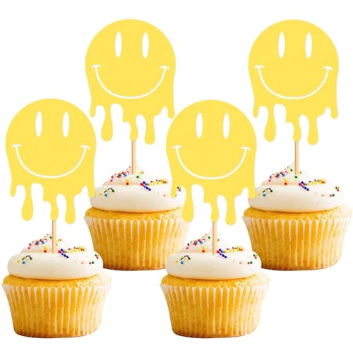Blumomon 24Stück Lächeln Gesicht Cupcake Toppers Picks Preppy Y2k Thema Einzelparty Party Cupcake Dekorationen Geburtstagsfeier Dekorationen Zubehör (Gelb) von Blumomon