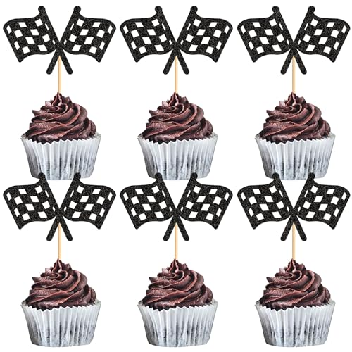 Blumomon 24Stück Rennflagge Cupcake Toppers Schwarz Glitter Flagge Rennwagen Cupcake Auswahl für Rennsport Thema Baby Dusche Jungen Geburtstagsfeier Kuchen Zubehör von Blumomon