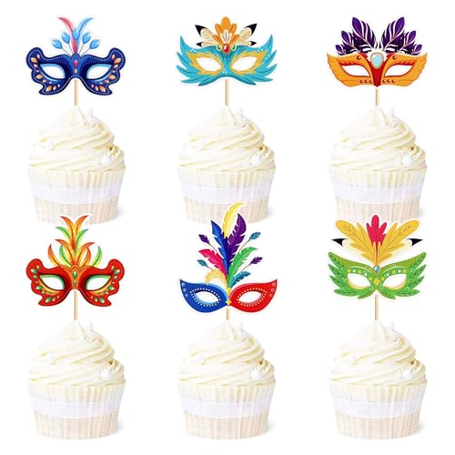Blumomon 24pcs Karneval Maske Kuchen Topper Auswahl Einzelparty Karneval Party Baby Shower Geburtstag Party Zubehör Make-up Ball Kuchen Dekoration von Blumomon