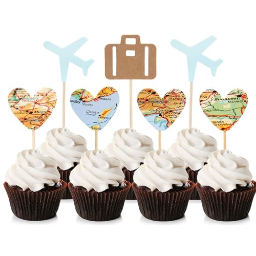 Blumomon 24pcs Reise Flugzeug Cupcake Dekoration Blaue Flugzeug Herz-geformte Karte Gepäck Cupcake Auswahl Reise Thema Baby Dusche von Blumomon
