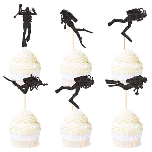 Blumomon 25 Stück Tauchen Cupcake Topper Schwarz Glitzer Tauchsport Cupcake Deko Picks Sportthema Cupcake Topper Baby Shower Geburtstags-Tauchthema Party Kuchendeko von Blumomon