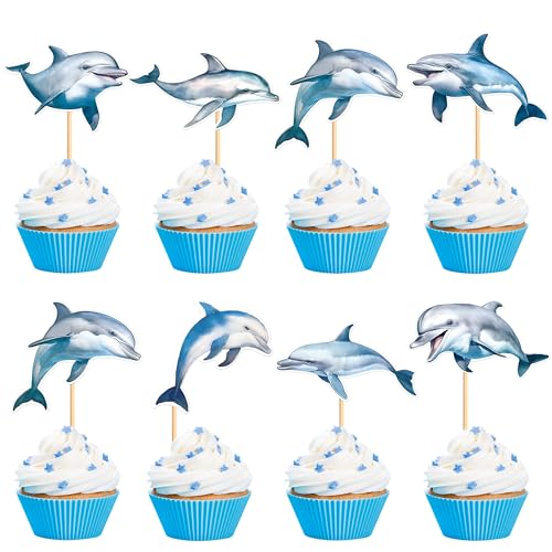 Blumomon 28 Stück Delphin Cupcake Topper Dschungel Safari Tiere Kuchen Dekoration Tiere Figur Kuchen Topper Picks für Babyparty Kindergeburtstag Party Supplie von Blumomon