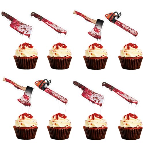 Blumomon 28 Stück Dual Front Halloween Cupcake Topper, Halloween Horror Thema Cupcake Dekorationen, Kettensägen, Äxte, Messer Kuchen Dekorationen Blumomon 28 Stück Dual Front Halloween Cupcake Topper, Halloween Horror Thema Cupcake Dekorationen, Kettensägen, Äxte, Messer Kuchen Dekorationen von Blumomon