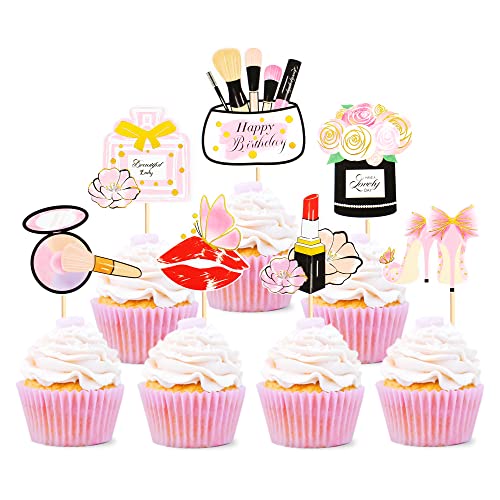 Blumomon 28 Stück Make-up Cupcake Topper Kosmetik Lippenstift Wimpern Kuchen Picks Make Up Thema Mädchen Geburtstag Party Dekorationen Zubehör von Blumomon