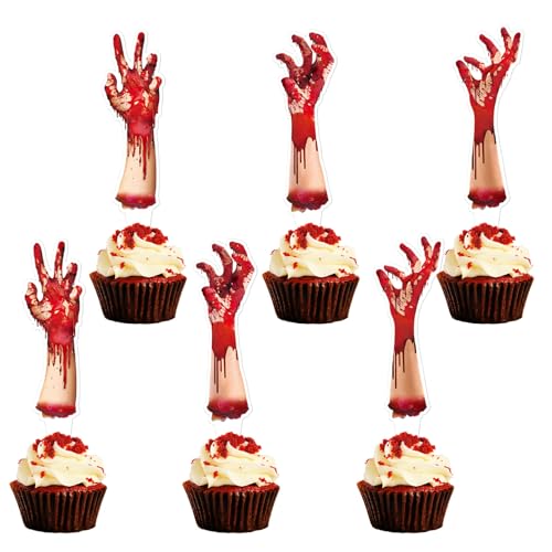 Blumomon 30 Stück Blutige Hand-Cupcake-Topper – doppelseitige Halloween-Horror-Geburtstagsparty-Kuchendekorationen von Blumomon