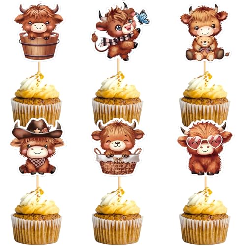 Blumomon 30 Stück Highland Cow Cupcake Toppers Dekorationen Highland Cow Cupcake Picks Babydusche Highland Cattle Dekorationen für Geburtstagsfeier Zubehör von Blumomon
