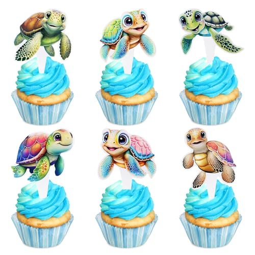 Blumomon 30 Stück Schildkröten, Cupcake, Dekoration, Meerestiere, Cupcake, Geburtstag, Sommer, Unterwasser, Partyzubehör, Kuchendekoration, Zubehör für Geburtstagsfeiern (doppelseitig) von Blumomon