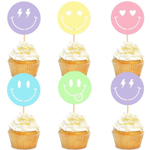 Blumomon 30Stück Lächeln Gesicht Cupcake Toppers Picks Preppy Y2k Thema Einzelparty Party Cupcake Dekorationen Geburtstagsfeier Dekorationen Zubehör (Farbe) von Blumomon