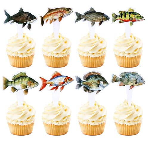 Blumomon 32 Stück Fisch-Kuchenaufsatz, Fische, Kuchendekoration, Fischer, Geburtstagskuchendekoration für Babyparty, Kindergeburtstag, Camping und Angeln, Partyzubehör (zweiseitig) von Blumomon