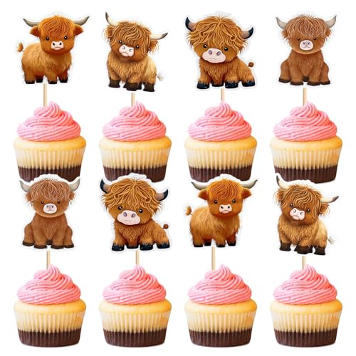 Blumomon 32 Stück Highland Cow Cupcake Toppers Dekorationen Highland Cow Cupcake Picks Babydusche Highland Cattle Dekorationen für Geburtstagsfeier Zubehör von Blumomon