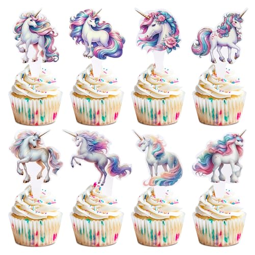 Blumomon 32 Stück Unicorn Cupcake Toppers Farbiges Einhorn Kuchen Topper Picks Babyparty Dekoration Zubehör Party Dekoration Supplies von Blumomon