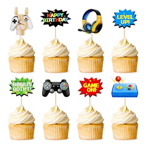 Blumomon 32 Stück Videospiel-Cupcake-Topper, zusammengebaut, Game On Controller, Cupcake-Picks, GamePad, Kuchendekorationen für Spielthema, Kinder, Jungen, Mädchen, Geburtstag, Jahrestag, von Blumomon