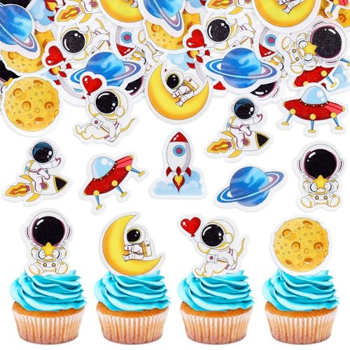 Blumomon 40 Stück Essbar Weltraum Cupcake Topper Rakete Geburtstag Kuchen dekoration Sonne Planet Party Universum Kuchen Topper für Kinder Mädchen Babypart von Blumomon