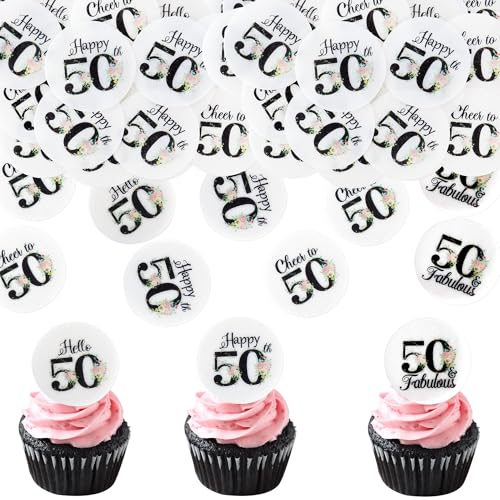 Blumomon 40 Stück Essbare 50th Happy Birthday Cupcake Toppers Cheers to 50 Fabelhafte Kuchendekoration 50 Geburtstag Party Dekoration Essbare Tortendekoration zum 50 Geburtstag von Blumomon