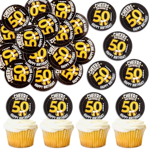 Blumomon 40 Stück Essbare 50th Happy Birthday Cupcake Toppers Cheers to 50th Fabelhafte Kuchendekoration Essbare 50 Geburtstag Party Dekoration von Blumomon