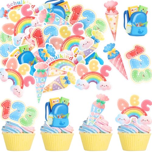 Blumomon 48 Stück Essbare Zurück zur Schule Cupcake Toppers Willkommen Der erste Tag der Schulkind Cupcake Dekorationen Schule Themenparty Kuchen Dekorationen von Blumomon