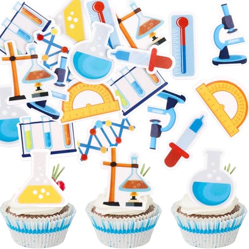 Blumomon 54Stück Vorgeschnittene Essbare Wissenschaft Cupcake Toppers Wissenschaftliche Instrumente Cupcake Dekorationen Chemie Themenparty Kuchen Dekorationen Physik Kuchen Topper Zubehör von Blumomon