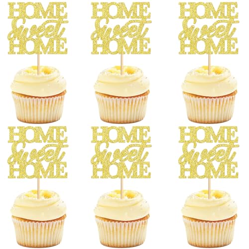 Blumomon Cupcake-Topper, Cupcake-Topper, Einweihungsparty-Dekorationen, neues Zuhause, Themen-Kuchenspieße, Willkommens-Partyzubehör für Brautparty, Geburtstag, Hochzeit, goldfarben, 24 Stück von Blumomon