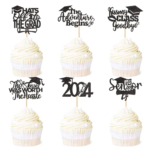 Blumomon Cupcake-Topper für Abschlussfeier 2024, Glitzer, Klasse 2024, Abschlussfeier, Cupcake-Dekorationen, Picks 2024, 24 Stück von Blumomon