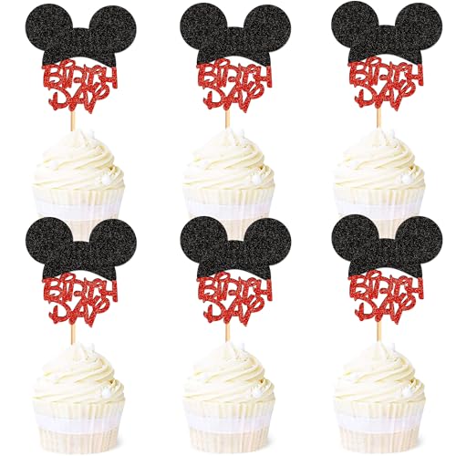 Blumomon Cupcake-Topper mit Glitzermaus, Mickey-Maus-Kuchendekorationen, Babyparty-Cupcake-Topper für Jungen, Geburtstagsparty-Dekorationen, Babyparty, Party-Dekoration, Zubehör, 24 Stück von Blumomon