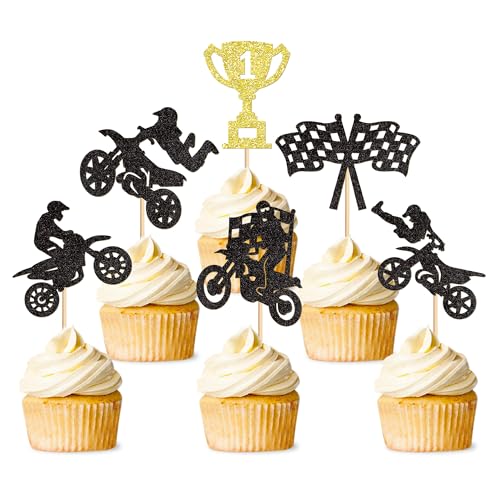 Blumomon Cupcake-Topper mit Motocross-Motorrad-Motiv, Motiv: Happy Birthday, Schwarz, 24 Stück von Blumomon