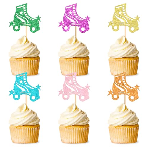 Blumomon Cupcake-Topper mit Rollschuhlaufen, Glitzer-Rollschuhe, Cupcake-Dekorationen, Picks, Sport, Skaten, Thema, Geburtstagsparty, Kuchendekorationen, Zubehör, 24 Stück von Blumomon