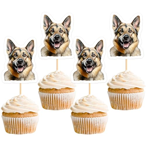 Blumomon Cupcake-Topper mit niedlichem Welpengesichter, Party-Wimpelkette, Dekoration für Deutscher Schäferhund, Kindergeburtstag, Babyparty, Partyzubehör, 24 Stück von Blumomon