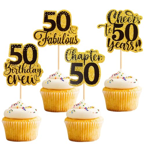 Blumomon Cupcake-Topper zum 50. Geburtstag, "Happy 50 Birthday", Kuchendekoration für 50. Geburtstag, Party-Dekoration, 50. Jahrestag, Kuchendekoration (Gold), 24 Stück von Blumomon