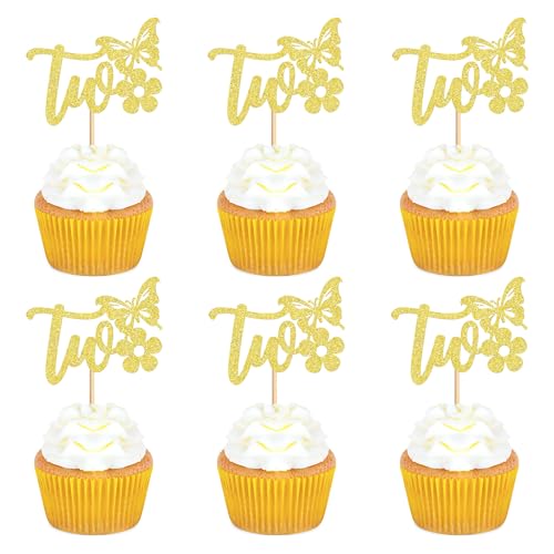 Cupcake-Topper zum 2. Geburtstag, goldfarben, glitzernd, 24 Stück von Blumomon
