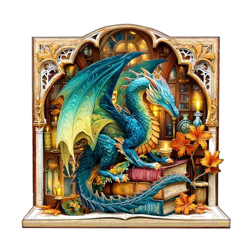 Blumuze Holzpuzzle Erwachsene, Bücherregal-Drache Holz Puzzle, Holzpuzzle Einzigartige Tierform Puzzleteile,Puzzles aus Tierteilen, Puzzle Holz Erwachsene mit Holzbox 100 Stück(S-21 * 20.5cm) von Blumuze