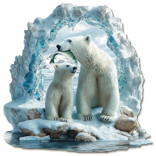 Blumuze Holzpuzzle Erwachsene, Polarbärenmutter und Welpe Holz Puzzle, Holzpuzzle Einzigartige Tierform Puzzleteile,Puzzle Holz Erwachsene mit Holzbox 229 Stück(M-28.6 * 28.6 cm) von Blumuze