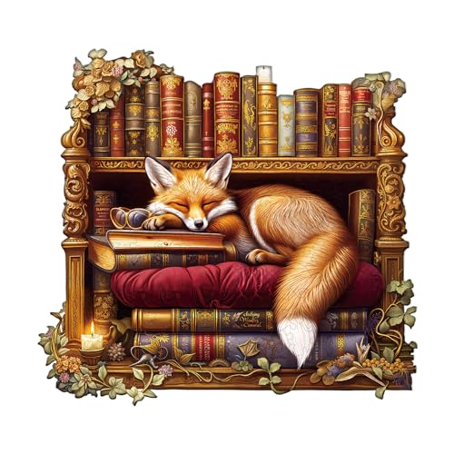 Blumuze Holzpuzzle Erwachsene, Schlafbibliothek - Fuchs Holz Puzzle, Holzpuzzle Einzigartige Tierform Puzzleteile,Puzzles aus Tierteilen, Puzzle Holz Erwachsene mit Holzbox 100 Stück(S-21.5 * 20.2cm) von Blumuze
