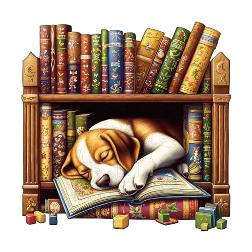 Blumuze Holzpuzzle Erwachsene, Schlafbibliothek - Hund Holz Puzzle, Holzpuzzle Einzigartige Tierform Puzzleteile,Puzzles aus Tierteilen, Puzzle Holz Erwachsene mit Holzbox 100 Stück(S-21.5 * 21.4cm) von Blumuze