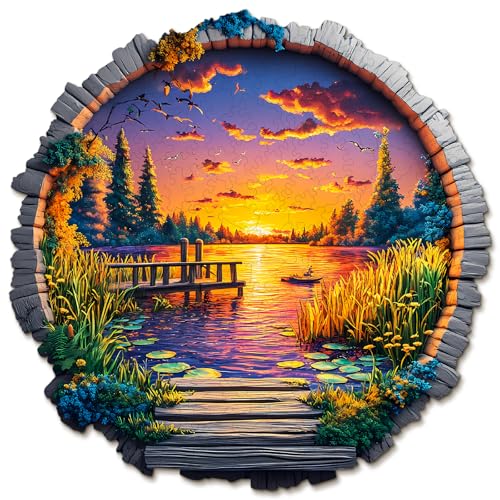 Blumuze Holzpuzzle Erwachsene, Sonnenuntergang am See Holz Puzzle, Holzpuzzle Einzigartige Tierform Puzzleteile,Puzzles aus Tierteilen, Puzzle Holz Erwachsene mit Holzbox 265 Stück(L-34 * 34 cm) von Blumuze