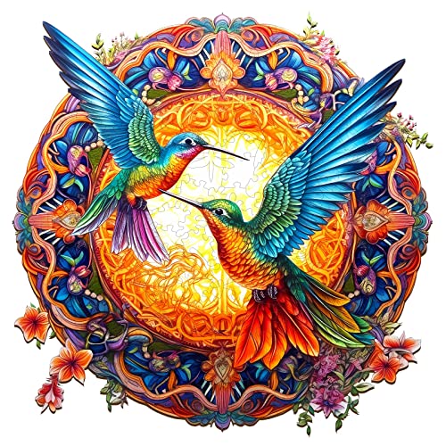 blumuze Holzpuzzle Erwachsene,Mandala Hunmmingbird 2 Holzpuzzle Einzigartige Tierform Puzzleteile, Puzzle aus Tierteilen, Puzzle Holz Erwachsene mit Geschenkbox aus Holz 200 Stück(M-11.8 x 11.8in) von Blumuze