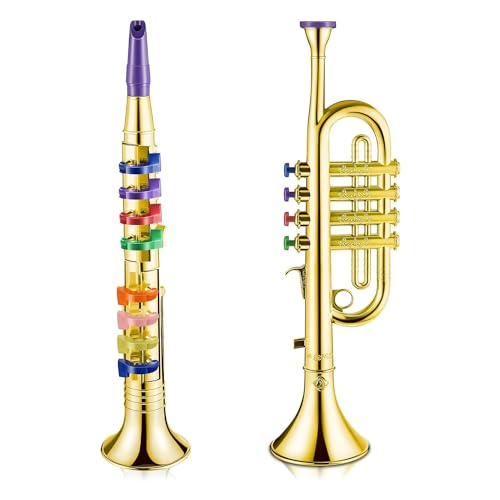 Bntaomle Set mit 2 Musikinstrumenten, Trompete und Saxophon, Tragbarer Klarinette mit Farbigen Tasten, Lernspielzeug für die Heimschule von Bntaomle